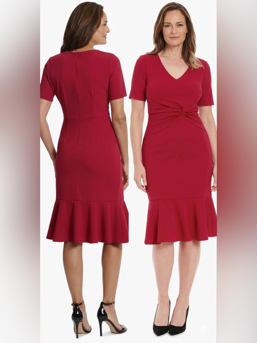 NWT-Women's V-Neck Dress - Flounce Hem, Twist Waist, Elegant Office & Event Wear - Picture 5 of 10